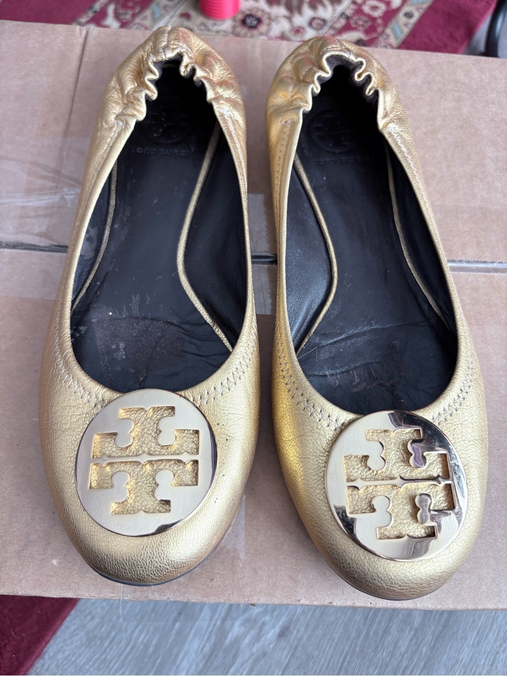 Tory Burch Metallic Gold Logo Round-Toe Ballet Flats